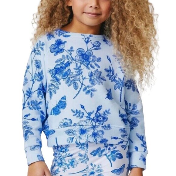 TEREZ Girl's Size 10/12 Blue China Floral Print Crew-Neck Terry Sweatshirt Top - Picture 1 of 5